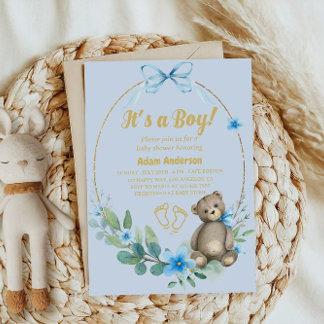 Blue Floral Teddy Bear Es ist eine Baby-Dusche Einladung