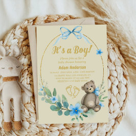 Blue Floral Teddy Bear Es ist eine Baby-Dusche Einladung