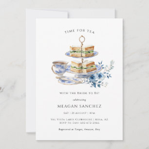 Blue Floral Tee Cup Tea Sandwiches Brautparty Einladung
