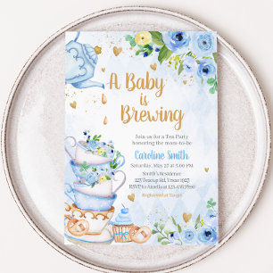 Blue Floral Tee Party Babydusche Einladung