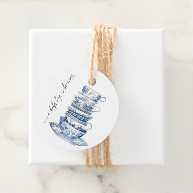 Blue Floral Tee Party Babydusche Geschenkanhänger (Beispiel)