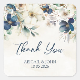 Blue Floral Thank You Winter Wedding Favor Tag Quadratischer Aufkleber