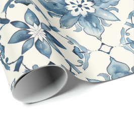 Blue Floral Tile Pattern Gift Wrap Geschenkpapier