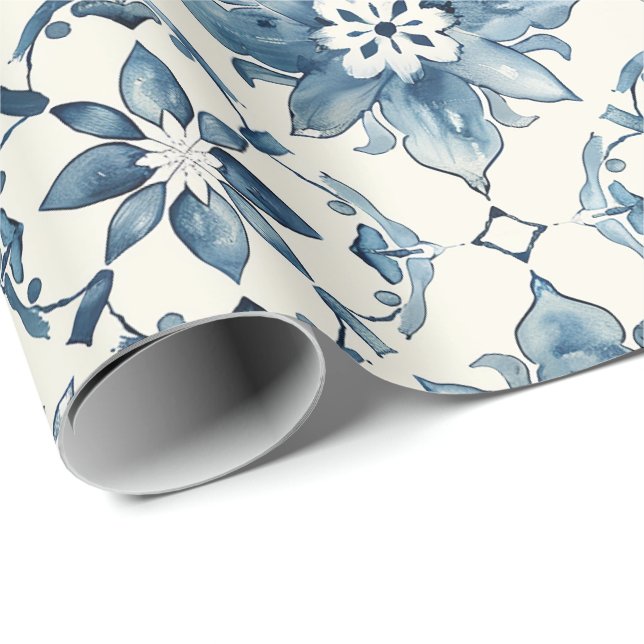 Blue Floral Tile Pattern Gift Wrap Geschenkpapier (Rolleneckpunkt)