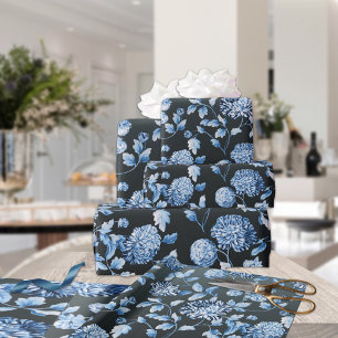Blue Floral Toile Black Ombre Hintergrund Geschenkpapier
