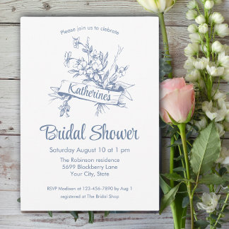 Blue Floral Toile Bridal Shower Einladung