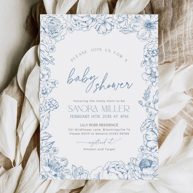 Blue Floral Toile de Jouy Baby Shower Invitation Einladung (Von Creator hochgeladen)