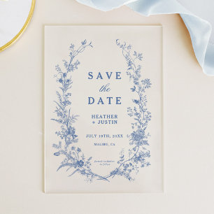 Blue Floral Toile Save the Date Acryleinladungen