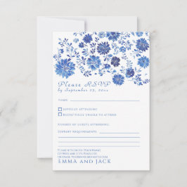 Blue Floral Toile style Wedding RSVP response Card