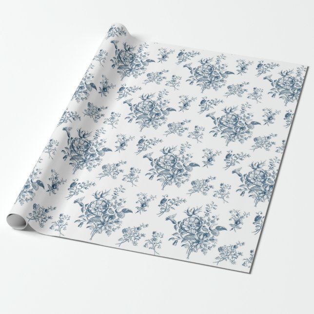 Blue Floral Toile Vintag Bouquet Geschenkpapier (Ungerollt)