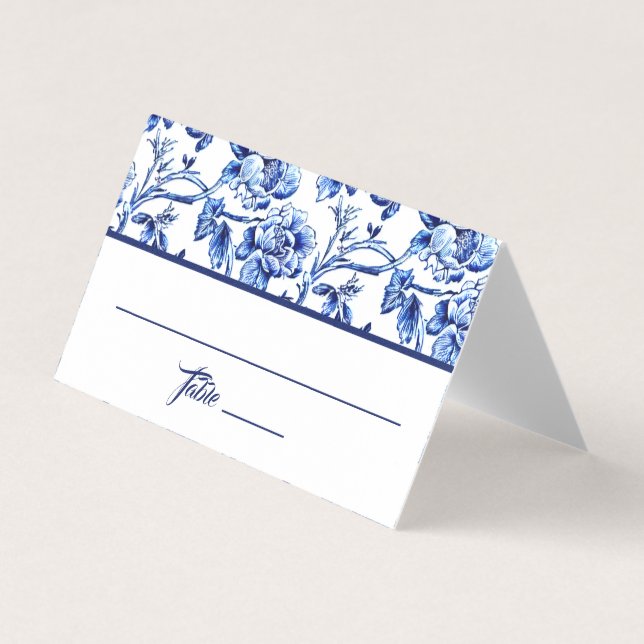 Blue Floral Toile Wedding Platzkarte (Vorderseite)