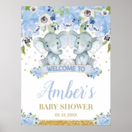 Blue Floral Twin Boys Elephant Baby Dusche Willkom Poster