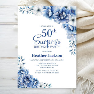 Blue Floral Überraschung 50. Geburtstagsparty Einladung