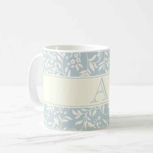 Blue Floral und Foliage Monogram Coffee Tasse (Vorderseite Links)