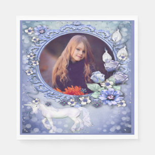 Blue Floral Unicorn Foto Geburtstag Serviette