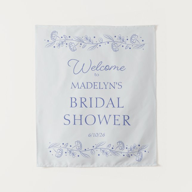Blue Floral Vines Bridal Shower Welcome Sign Wandteppich (Vorderseite)