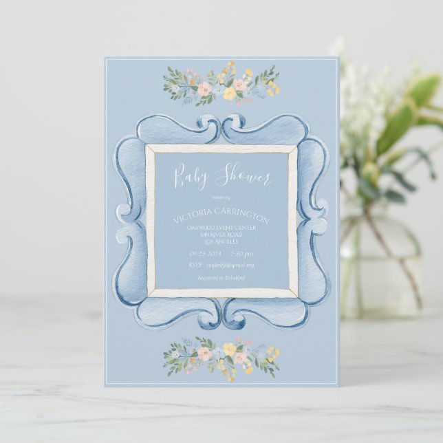 Blue Floral Vintage Baby Shower Einladung (Stehend Vorderseite)