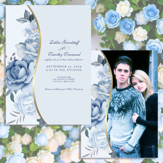 Blue Floral w/Custom Photo Wedding Invitation Einladung