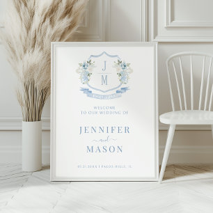 Blue Floral Wappen Hochzeit Begrüßungszeichen Plak Poster