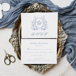 Blue Floral Wappen Monogram Elegant Wedding RSVP Karte