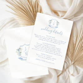 Blue Floral Wappen Monogram Wedding Details Card Begleitkarte