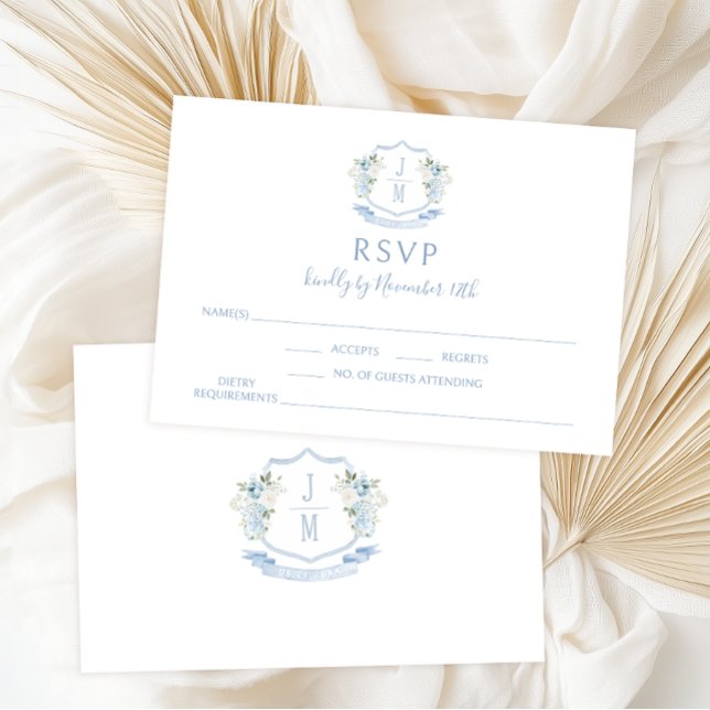 Blue Floral Wappen Monogram Wedding RSVP Cards Karte (Von Creator hochgeladen)