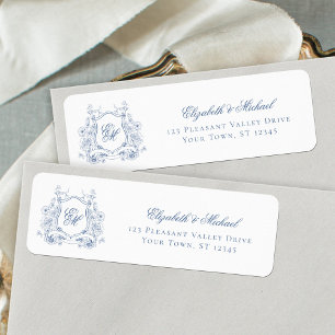 Blue Floral Wappen Monogram Wedding Rücksendeadres
