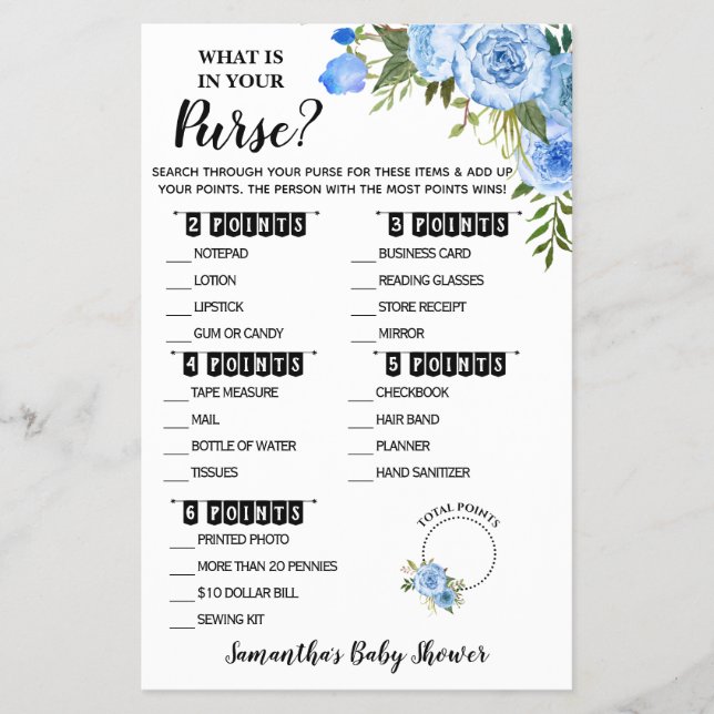 Blue Floral Was in Ihrer Purse Baby Duschkarte ist Flyer (Vorne)