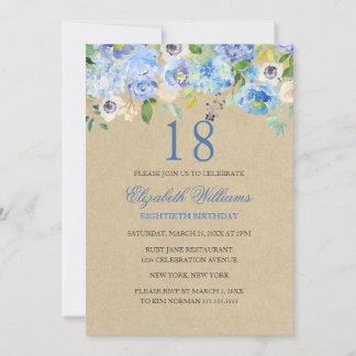 Blue Floral Watercolor 18. Geburtstag Einladung
