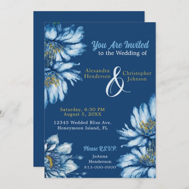 Blue Floral Watercolor Blume personalizable Einladung (Vorne/Hinten)