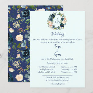 Blue Floral Watercolor Hindu Ganesh Wedding Einladung