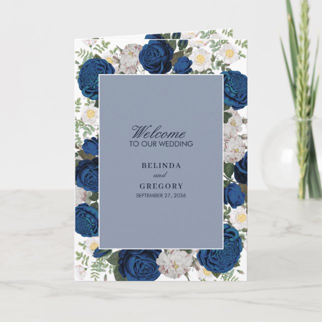Blue Floral Watercolor Hochzeitsorden Programm (Vorderseite)