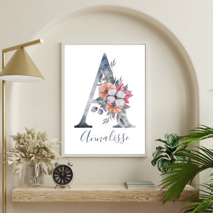 Blue Floral Watercolor Monogram A Name Poster