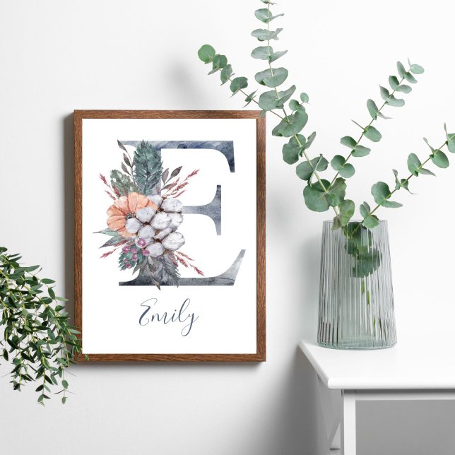 Blue Floral Watercolor Monogram E Nachname Poster (Blue White Peach Watercolor Floral Monogram Letter E)