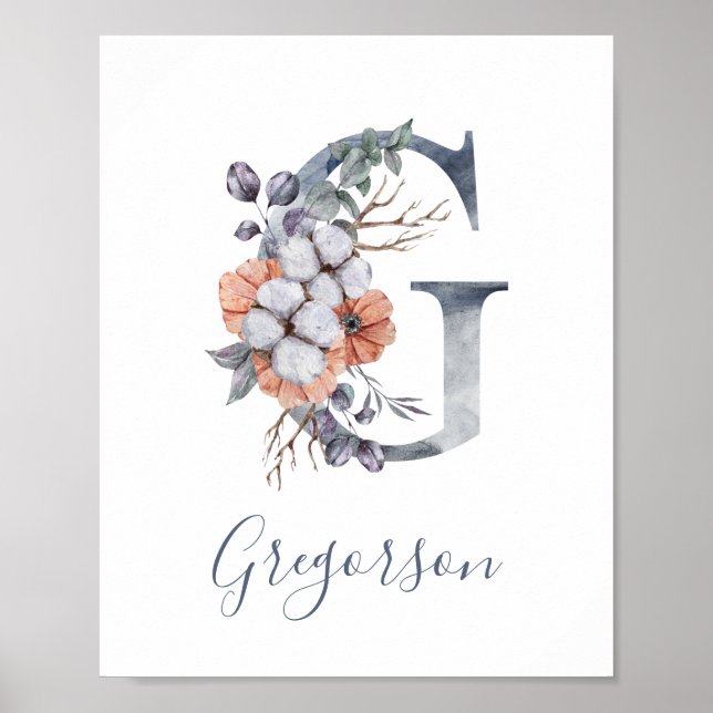 Blue Floral Watercolor Monogram G Nachname Poster (Vorne)
