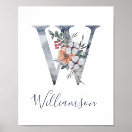 Blue Floral Watercolor Monogram W Nachname Poster