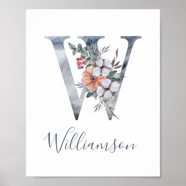 Blue Floral Watercolor Monogram W Nachname Poster (Vorne)