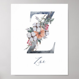 Blue Floral Watercolor Monogram Z Nachname Poster