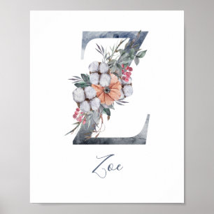 Blue Floral Watercolor Monogram Z Nachname Poster