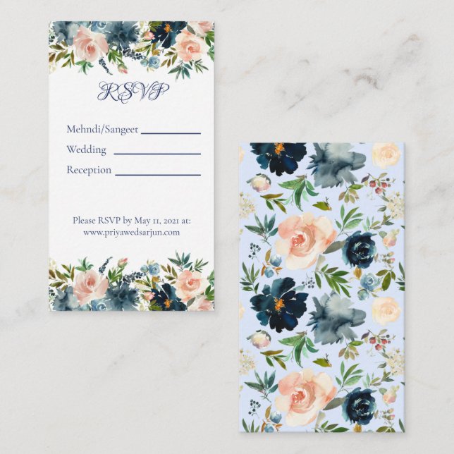 Blue Floral Watercolor Multi Event Details Karte (Vorne/Hinten)