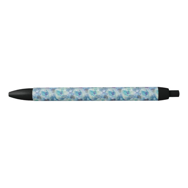 Blue Floral Watercolor Pen Black Ink Kugelschreiber (Vorderseite)
