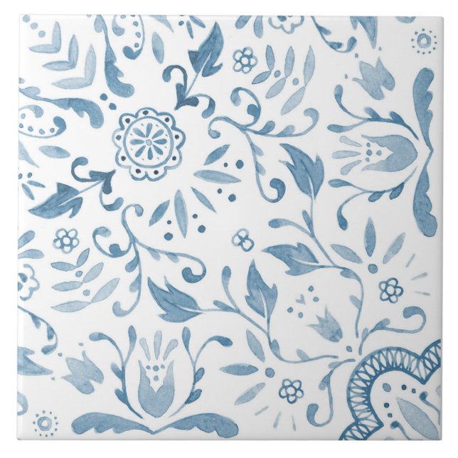 Blue Floral Watercolor Perfect Repeat Tile Fliese (Vorderseite)