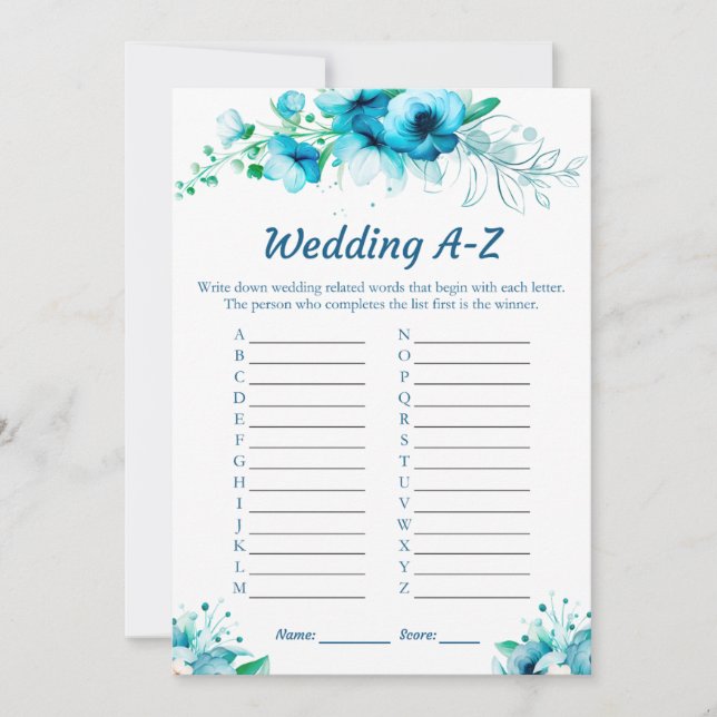 Blue Floral Wedding A-Z Brautparty Game Cards Einladung (Vorderseite)