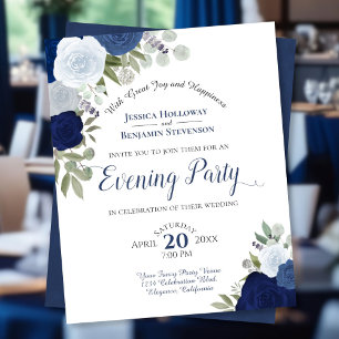 Blue Floral Wedding Abend Party Einladung