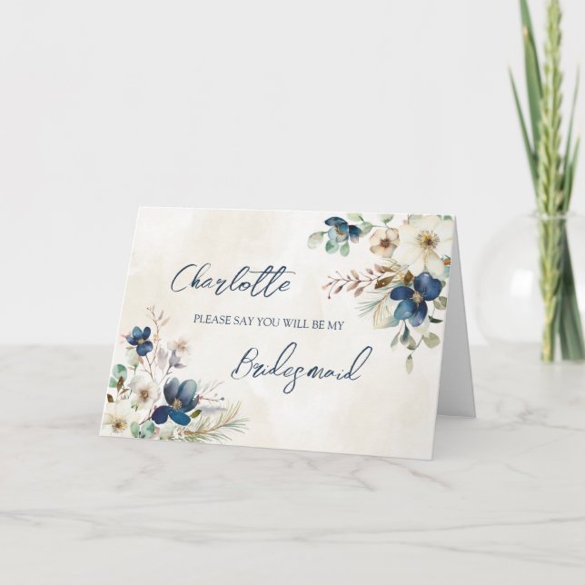 Blue Floral Wedding Bridesmaid Proposal Card Dankeskarte (Vorderseite)