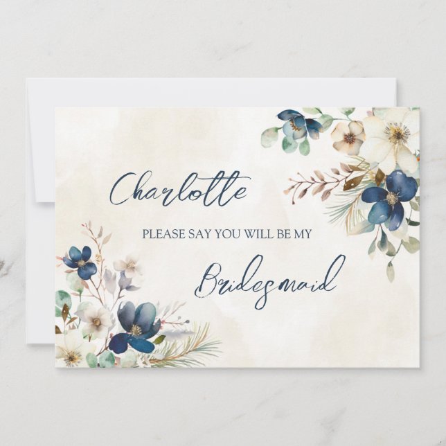 Blue Floral Wedding Bridesmaid Proposal Card Einladung (Vorderseite)