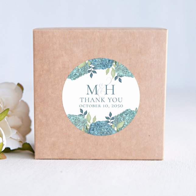 Blue Floral Wedding Danke Custom Runder Aufkleber (Blue hydrangea wedding favor custom sticker)