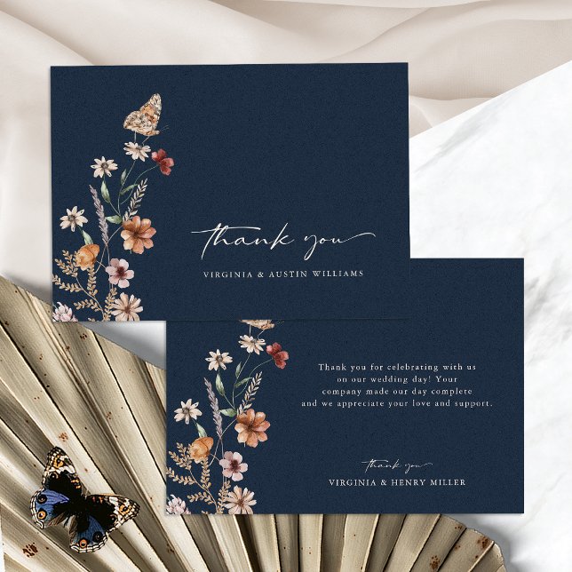 Blue Floral Wedding Dankeschön Karte (Navy Blue Floral Wedding Thank You Card with Butterfly by Painted Paperie
)