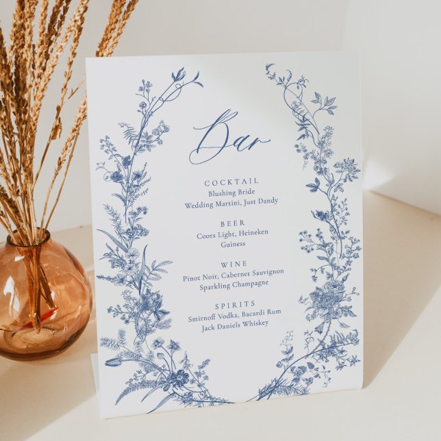 Blue Floral Wedding Drink Bar Menu Sockelschild (Von Creator hochgeladen)
