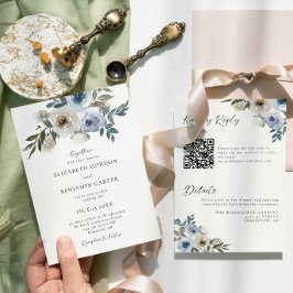 Blue Floral Wedding Elegant Watercolor QR Code Einladung